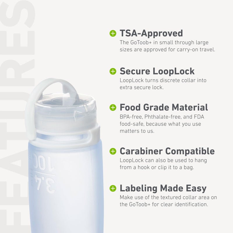 humangear GoToob+ 3-Pack (Medium) | Refillable Silicone Travel Bottle | Locking Lid | Food-Safe Material, Clear/Purple/Teal, Medium (2.5 fl.oz.; 74ml) - Image 4